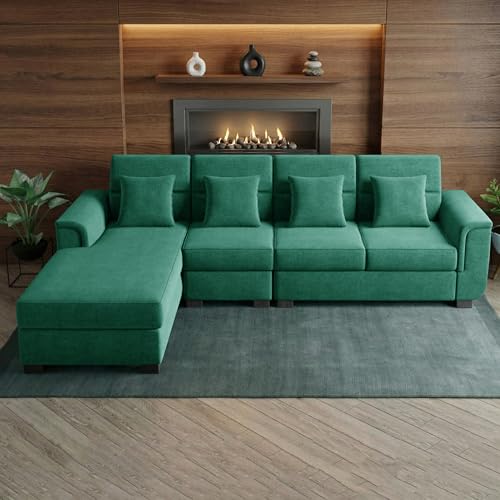 Image of Wood 6 Seater Sofa Set | Velvet Fabric Upholstery | Modern Wooden Frame Sectional Couch with Cushions for Living Room, Home & Office (Green)