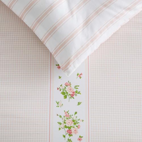 Image of Martha Stewart - King Comforter Set, 100% Cotton Reversible Bedding with Matching Pillowcases, Lightweight Bed Set, Floral Stripe Cottage Decor (Annabelle Pink)