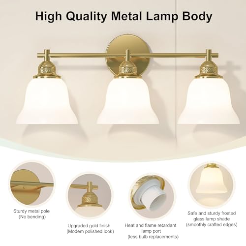 Image of Bathroom Lighting Fixtures Over Mirror, 22 inch,3-Light, Brushed Gold Modern, with Frosted Glass Shade, for Mirror Kitchen Living Room Hallway Cabinet Porch
