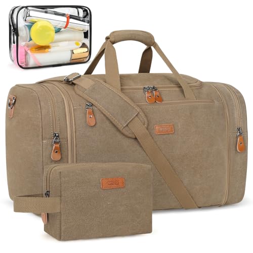 Image of Canvas Mens Duffle Bag for Travel - Expandable 50L Weekender Bags with Toiletry Bag, Overnight Bag Travel Duffel Carry On Luggage with Removable Shoulder Strap, Durable & Water-Resistant