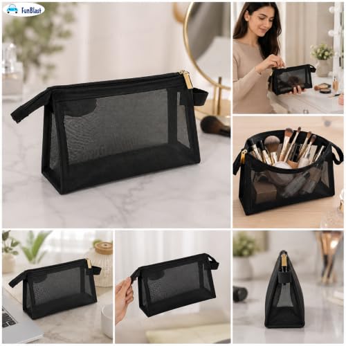 Image of FunBlast Mesh Pencil Case with Smooth Zipper, Single Layer Multi-Purpose Stationary & Pen Pouch for Boys & Girls, Transparent Stationary Bag, Organizer Pouch for Student (Black-D)