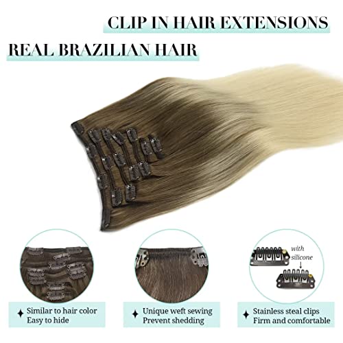 Image of DOORES Ash Brown to Platinum Blonde 18 Inch 7pcs 120g Remy Clip in Human Hair Real Hair Extensions Natural Straight