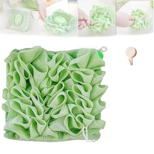 2 in 1 Loofah Sponge Washcloth for Bar Soap, Soap Pouch with Drawstring, Exfoliating Mesh Shower Scrubber Glove for Body Wash(Gr