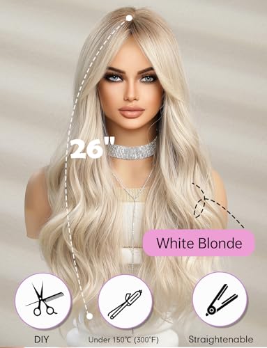 WOKESTAR Long White Blonde Wigs for Women Synthetic Hair Wig with Curtain Fringe, average - Image 3