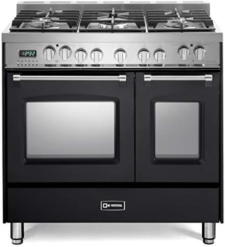Verona Prestige Series VPFSGE365DE 36 inch. Dual Fuel Range Freestanding 5 Sealed Burners Double Oven Convection Storage Drawer Matte Black