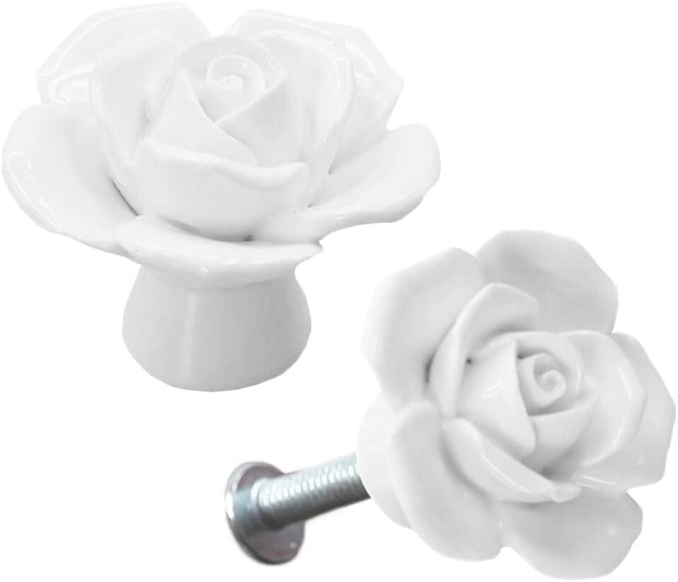 Ceramic Elegant Rose Flower Cabinet Knobs, 6Pcs White Vintage Kitchen Rose Flower Drawer Knobs Pull Handles for Girl's Room Dresser Cupboard Wardrobe with 3 Size Screws (6 Pack, White)