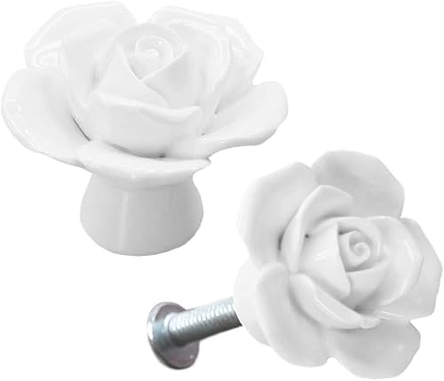Miniatura 5 de Pomos de cerámica elegantes con diseño de rosas para gabinete, 6 pomos de cajón de rosas de cocina vintage blancas para habitación de niñas,