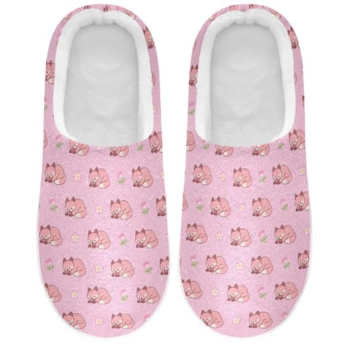 Cute Fox Flowers Floral Pink Slippers for Women Men Indoor Slippers Memory Foam Fuzzy Slippers House Shoes for Indoor Outdoor Size 6/7 2303783