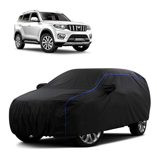 Image of Sulfar 100% Water Resistant Car Body Cover Compatible with Mirror for Mahindra Scorpio N (Triple Stitched, Full Bottom Elastic, Black Tafetta with Blue Piping)