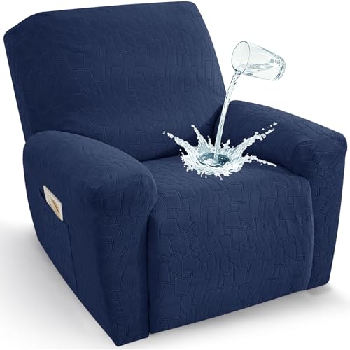 Image of ZNSAYOTX 100% Waterproof Recliner Chair Covers, 3-Piece Stretch Fit Recliner Slipcovers with Buckle & Elastic Band for Lazy Boy, Stay in Place, Soft Plaid Jacquard Protector (X-Large, Navy Blue)