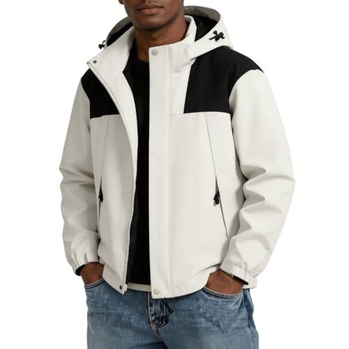 Image of Color Block Waterproof Hooded For Men Rain Shell Jacket Windproof Coat With Adjustable Drawcord Hood & Velcro Cuffs Packable Zip Up Hiking Camping And Fishing Outdoor Activities White M