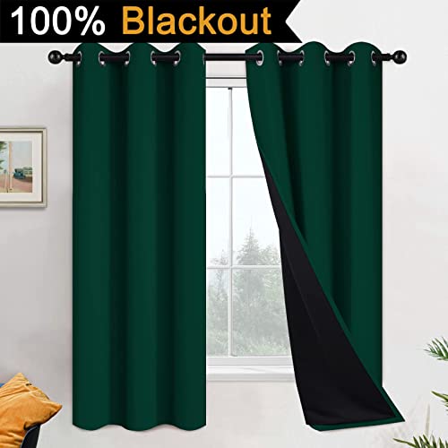 Image of Yakamok Dark Green 100% Blackout Curtains 63 Inches Long 42 inch Wide 2 Panels | Blackout Curtain Panels for Bedroom, 2 Thick Layers Grommet Top Thermal Insulated Drapes with Black Liner for Living Room