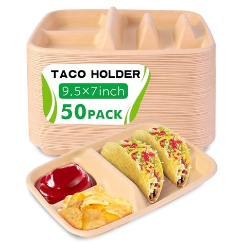 tchrules 50pcs Taco Plates Disposable for 2 Tacos & 2 Sides, Premium Paper Taco Holders for Tacos Tuesday Bar Serving Set, Decorations Supplies (50)