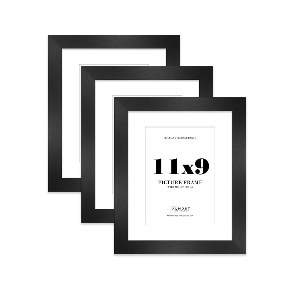 11x9 Black Frame With Mount for A5 Pictures 28mm Edge Portrait and Landscape Display with Wall Hooks and Kickstand, 3 Pack