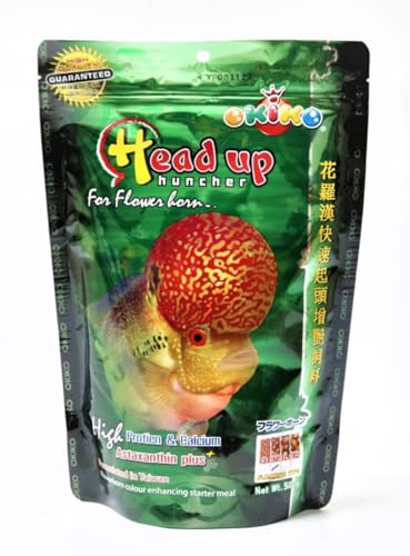 Flowerhorn Fish Food Floating Pellets Small 1 MM Head Up Quickly Huncher Formula High Protein Tropical Fish Feed Astaxanthin Plus Color Enhancing Healthy Fast Growth 500g(1.76 Oz.)