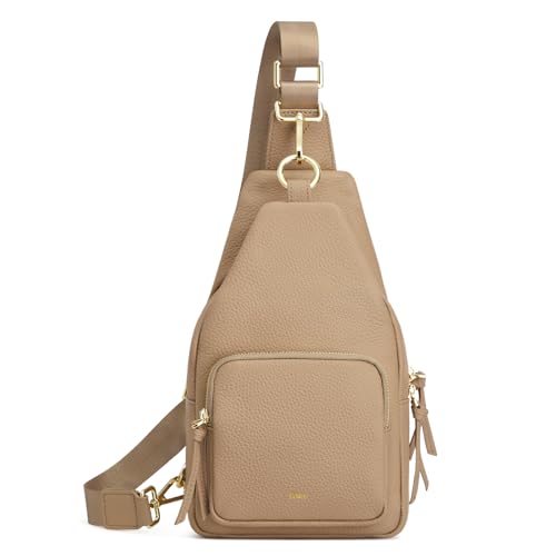 Image of Kattee Small Leather Sling Bag for Women with RFID Blocking,Tan | Top grain pebbled leather with RFID blocking, multiple pockets, and a convertible strap for travel.
