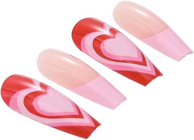 Vatocu Coffin Glossy False Nails Long Red Pink Press on Nails French Heart Fake Nails Nude Full Cover Ballerina Acrylic Stick on Nails for Women and Girls(24pcs) - Image 5