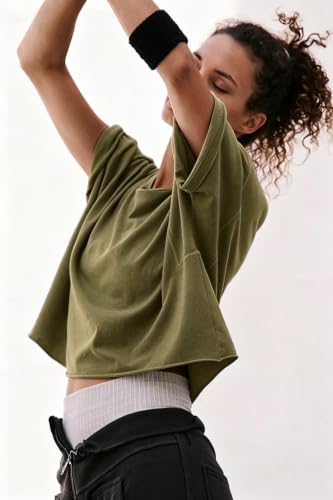 Image of HUGOOME Womens Oversized Workout Crop Top Casual Short Sleeve Boxy Roll Hem
