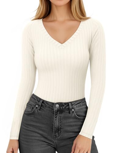 MANGOPOP Women's V Neck Shirt Long Sleeve Slim Fit Sweater Ribbed Pullover Shirts Fall Winter Fashion Outfits