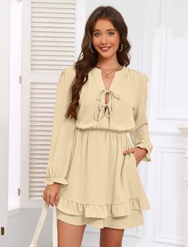 Image of Angashion Womens Tie Front Mini Dress V-Neck Ruffle Hem Summer Pockets