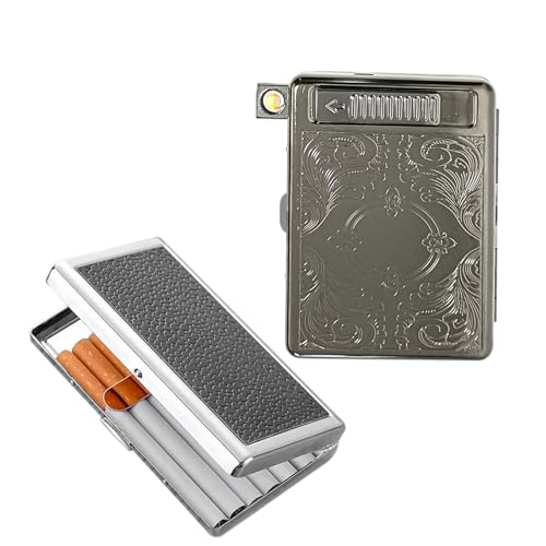 Metal Cigarette Case for 100s Cigarettes with Built-in USB-C Rechargeable Lighter - Slim Flip-Top Pocket Holder Cigarette Box with USB Cigarette Lighter for Men and Women