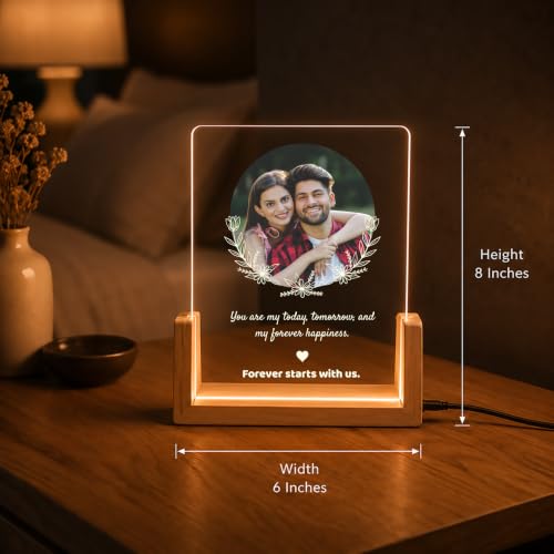 Image of Giftplease Personalized LED Acrylic Photo Frame with Custom Photo & Text | Engraved Acrylic Picture Lamp with Wooden LED Base | USB Warm Night Light for Anniversary, Wedding, Birthday, Couple & Family