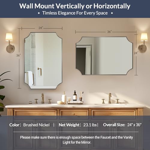 Image of MIRRORART 24x36'' Brushed Nickel Scalloped Bathroom Mirrors for Wall