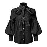 Scollatura: collo alto Gyios Camicia Donna Camicetta di Jeans Imitazione da Elegante Top Maniche A Sbuffo Moda Primaverile Camicie Impreziosite Fiocco S-3xl-grigio retrò-XXL