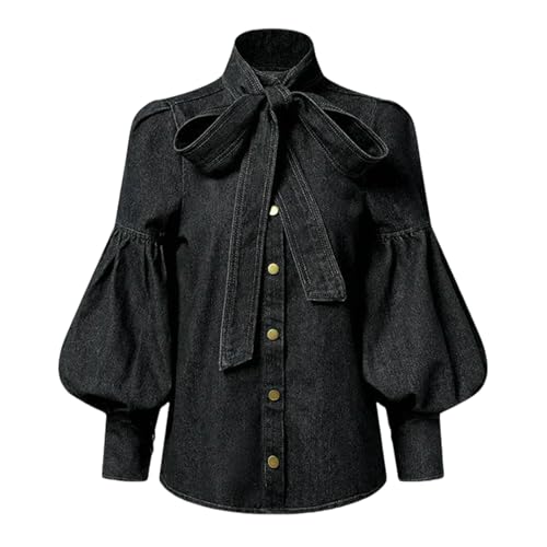 Scollatura: collo alto Gyios Camicia Donna Camicetta di Jeans Imitazione da Elegante Top Maniche A Sbuffo Moda Primaverile Camicie Impreziosite Fiocco S-3xl-grigio retrò-XXL