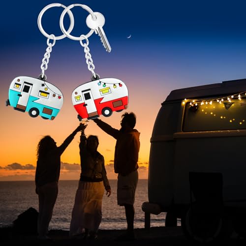 TrustBlai Camper Keychain, Double-Sided RV Camping Key Chain, Trailer Keychain Set of 2 for Men Women Travel Accessorie (Brown+Orange)