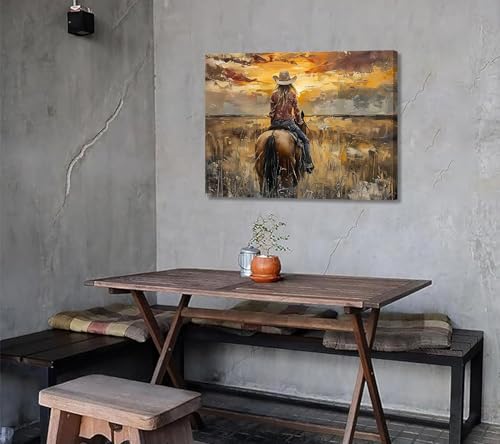 Image of OCRXLYTH Western Cowgirl Riding Horse Canvas Wall Art Cowgirl Wall Decor Pictures Sunset Countryside Landscape Painting Print Vintage Artwork for Living room bedroom country decoration 16x24
