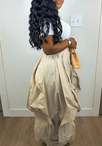 Women's Baggy Barrel Cargo Pants Y2k High Waisted Drawstring Wide Leg Casual Ruffle Patchwork Parachute Trousers Pants4