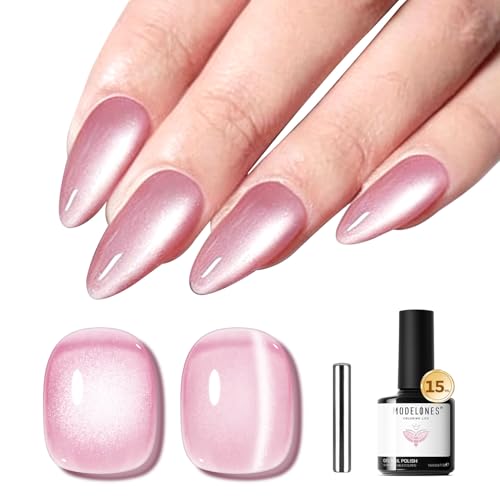 Image of modelones Pink Cat Eye Gel Polish Slik Glitter Holographic Jelly Glass Cat Eye Light Rose Shimmer Reflective Translucent U v Gel Magnetic Valentine Nail Polish 15 ML