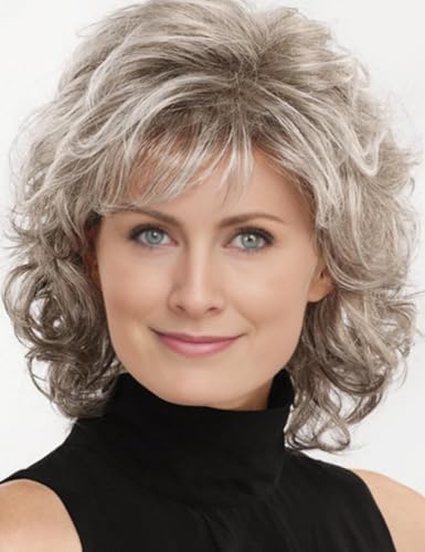 TISHINING Short Gray Curly Wig with Bangs for White Women Layered Mixed Grey Curly Bob Synthetic Full Wig Natural Looking Daily Party Wig Salt and Pepper Wigs for Women