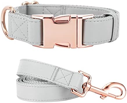 Dog Collar and Leash Set.Soft and Easy to Clean Vegan Leather with Rose Gold Metal Buckle for Small Medium Large Dogs (Grey, M(13.8″-19.7″))