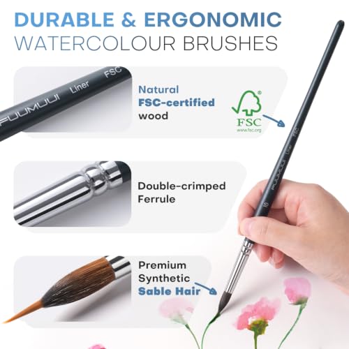 Image of Fuumuui Watercolor Brush Set, 10Pcs Professional Soft Synthetic Hair Paint Brushes - Wide Flat, Dagger, Cat's Tongue, Extended Needle, Round, Grainer for Watercolor Gouache Inks Painting