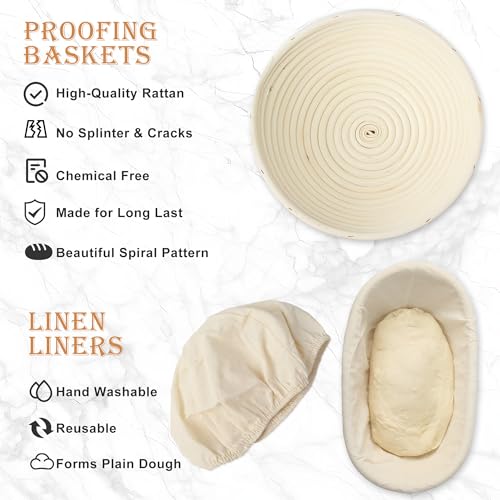 Miniatura 3 de 10 Piezas Banetones Para Pan,23 Cm Redondo 25 Cm Ovalada Cesta De Fermentación De Pan,Cesta Fermentada Tejida A Mano De Ratán Natural, Incluye Espátula Y Pincel Para Aceite, Para Hornear Pan