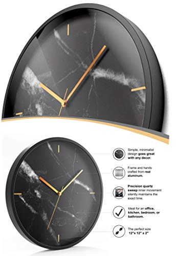 Driini Decorative Marble Analog Wall Clock – Black Aluminum Frame With Gold Hands (12”) – Battery Operated With Silent Movement – Modern Décor For Office, Living Room, Kitchen Or Bathroom. #TOP3