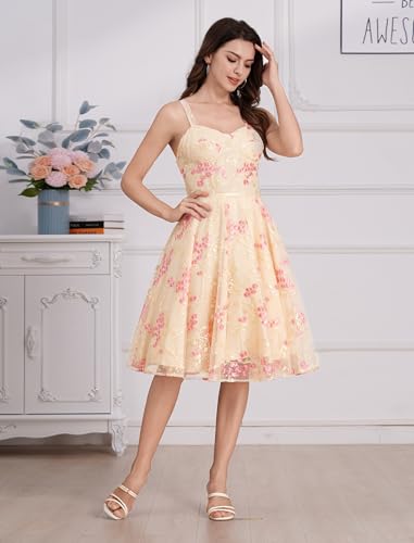 Image of IWEMEK Women Spaghetti Strap Floral Lace Bridesmaid Cocktail Party Dress Cold Shoulder Ruffle Sleeve Wedding Guest Prom Dress