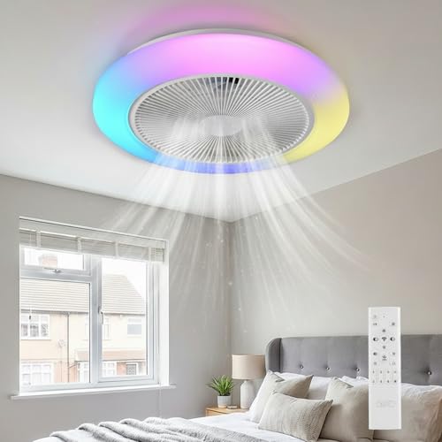 LEONTYNE Ventilador de techo inteligente RGB de 50 cm con iluminación, aplicación y mando a distancia, 7 RGB + 3 CCT regulable, motor DC silencioso, temporizador de memoria reversible, plano para