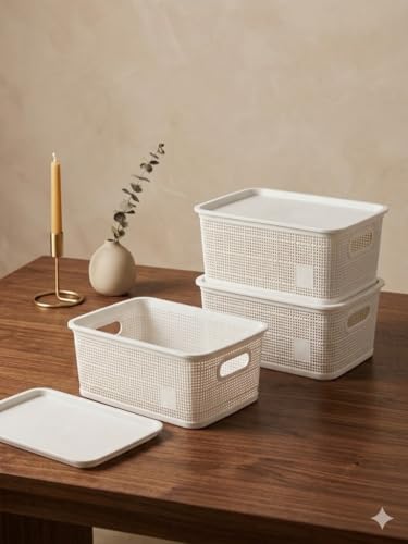 Image of SKI Vogue H1 Multipurpose Storage /Organiser Basket with Lid for Fruits, Toys, Books, Stationery, Cosmetics | Organise Kitchen, Wardrobe, counter-tops - 3 Pcs Set White (Small)