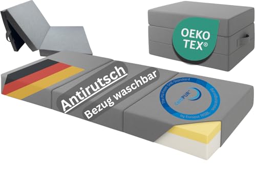TexDeko® Premium Klappmatratze 75x190cm (3-teilig), komfortable ergonomische Faltmatratze 15cm dick mit 4cm Visco-Schicht und Anti-Rutsch-Unterseite waschbarer Bezug, ideal als Gästematratze (Grau)