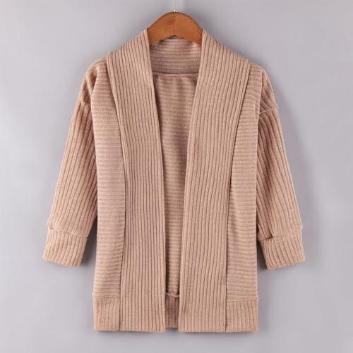 Girl's Open Front Cardigan Long Sleeve Knit Sweaters Kids Cute Casual Loose Outerwear Coats with (Khaki, 6-7 Years)3