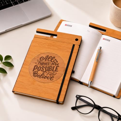 Gift Kya De Wooden A5 Diary, Hard Wood Cover, 200 Ruled/Lined Pages Diary with Mobile & Pen Stand, Printed Motivational Quotes, Eco-Friendly Wood Journal Notebook for Writing, Work, College -(10x6 In)