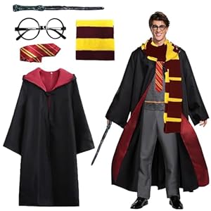 Sidesea Magic Robe, 5 Stück Zauberer Kostüm für Erwachsene Umhang Cosplay Kostüm mit Cape, Krawatte, Schal, Zauberstab Wizard Costume for Halloween Karneval Verkleidung Party Fancy Dress