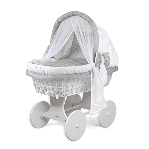 WALDIN Landau/berceau bébé complet, XXL, 24 modèles disponibles, cadre/roues blanc laqué, couleur du tissu blanc/points blancs