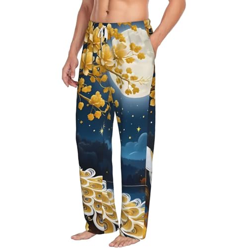 Moonlit Golden Tree Peacock For Men'S Lightweight Pajama Pants Adjustable Drawstring & Pockets All-Season Sleepwear