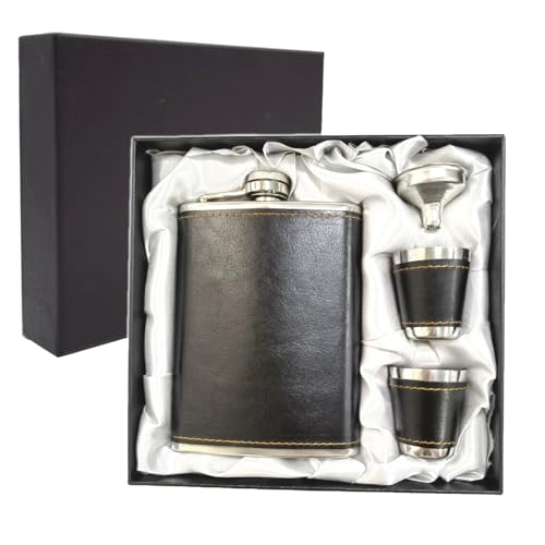 Set di fiaschetta con imbuto e bicchierini da liquore, fiaschetta da 236 ml, in acciaio inox e pelle PU, a prova di perdite, tascabile, fiaschetta per liquori da uomo, colore nero