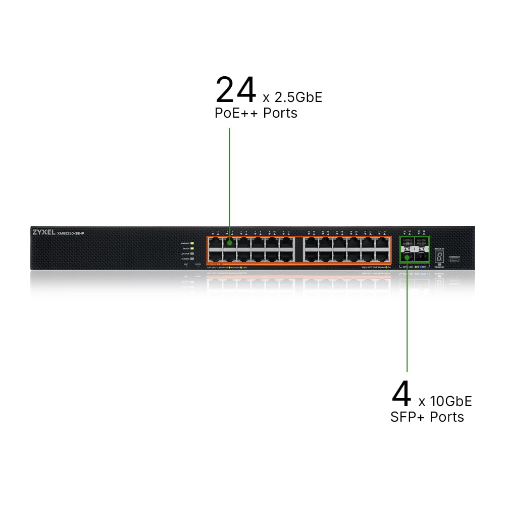 ZYXEL Switch Ethernet 24 Porte | L3 Access | 10G | Poe | XMG2230-28HP | 24x Porte 2.5G PoE RJ-45 + 4x 10G SFP+, Total PoE Budget 700W AC / 1440W DC, Doppia Alimentazione Flessibile