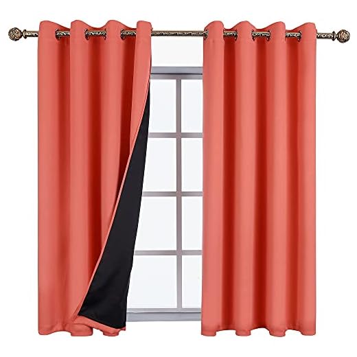 YGO Coral 100 Percent Blackout Curtains Panels Thermal Insulated Black Liner Curtains for Nursery Room, Noise Reducing and Heat Blocking Drapes for Windows Set of 2, 52 Wide by 63 Long